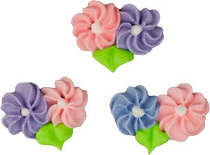 Double Phlox Icing Flowers with Leaves – White Edible Cake Decorations (9 Count)