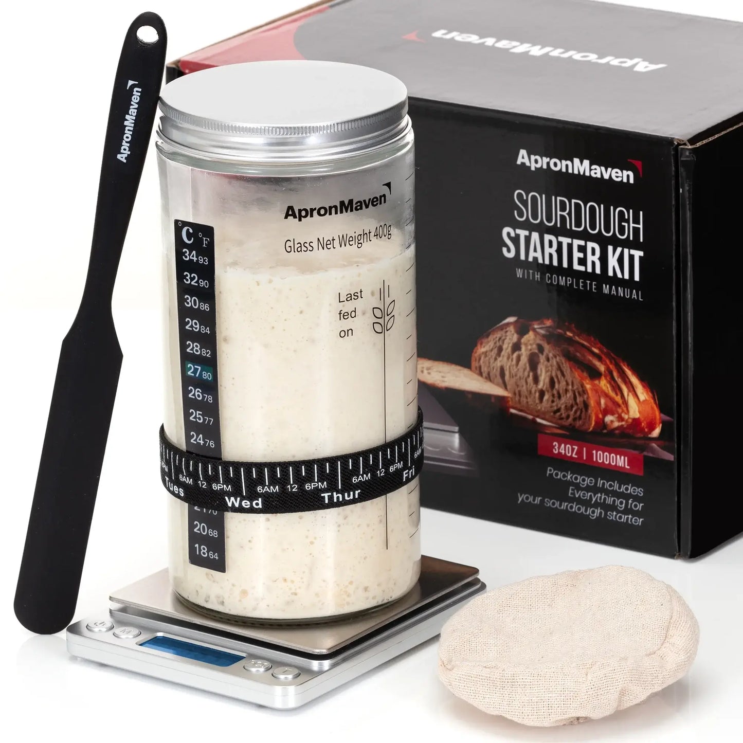 Artisan Sourdough Starter Kit – 34 oz Glass Jar with Scale & Tools