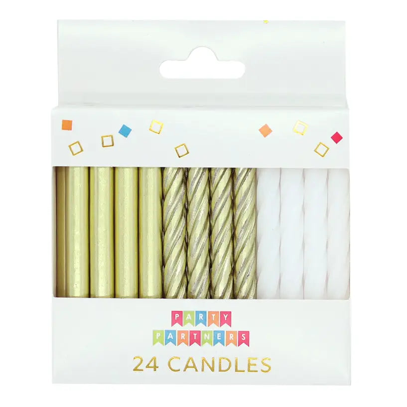 Gold Metallic & White Candle Set 24 Count