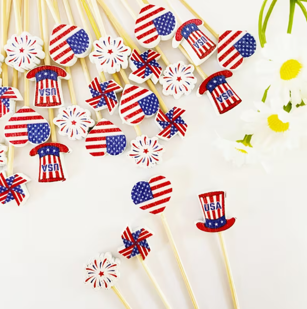 Patriotic Icon Party Picks | American Flag, Pinwheel Uncle Sam Toothpicks | 8 Count