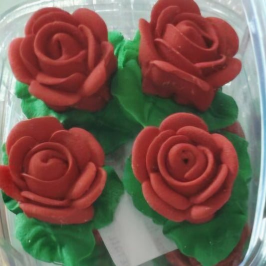 Edible Red Rose Cake Decorations with Leaves – 1" Sugar Flower Toppers, 4 Count