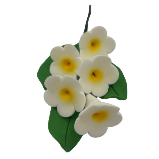 Gum Paste Flower Sprig, White Blossom with Leaves, 4 Inch
