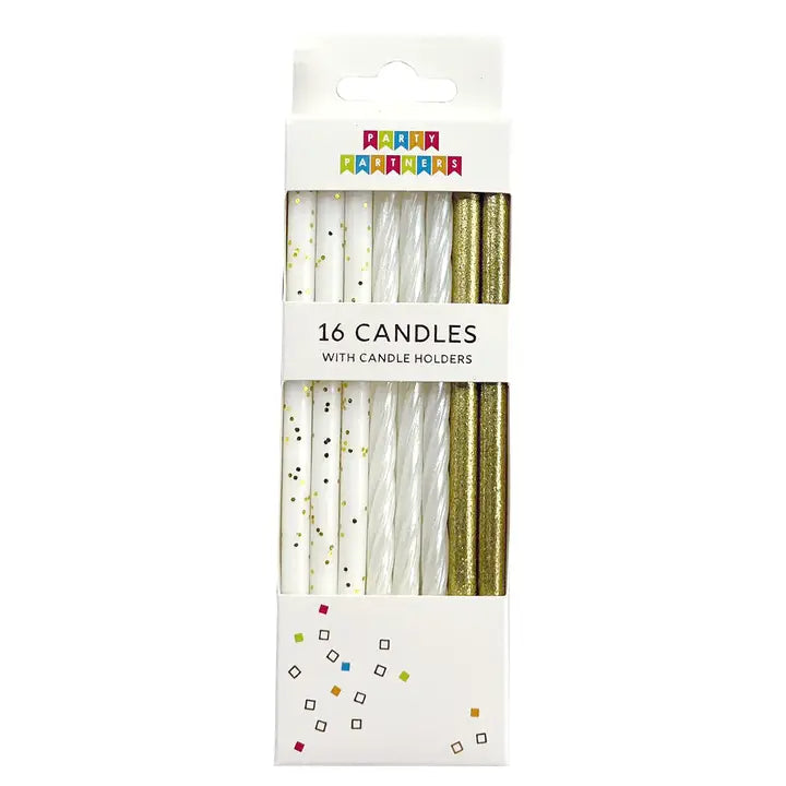 White & Gold Glitter Birthday Candles 16 count