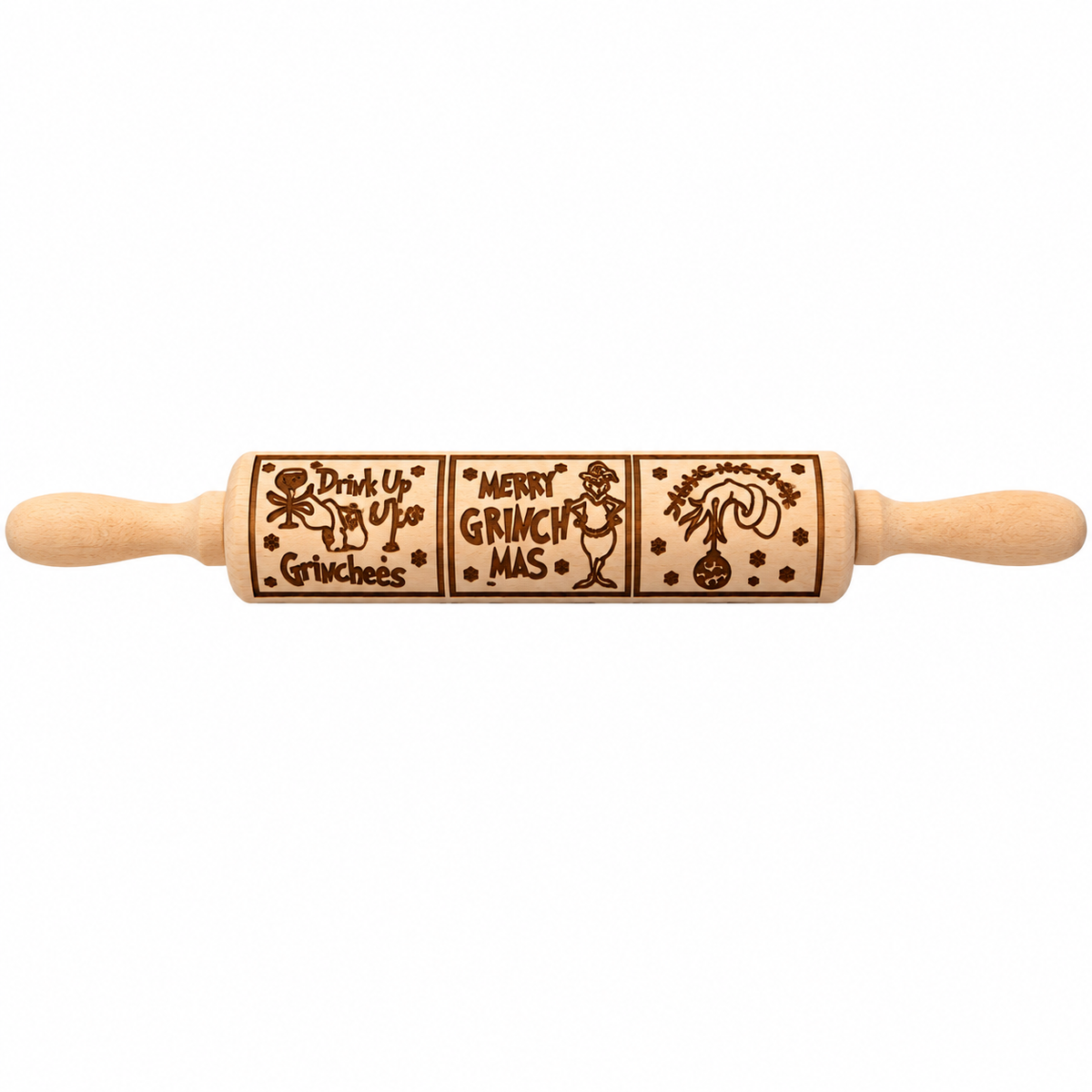 Grinch Christmas Embossed Rolling Pin – Wooden Holiday Cookie Decorating Roller