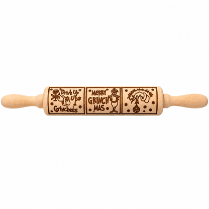Grinch Christmas Embossed Rolling Pin – Wooden Holiday Cookie Decorating Roller