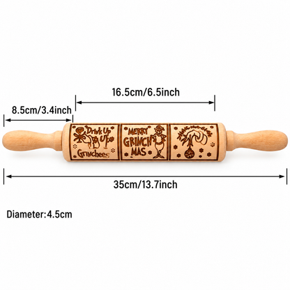 Grinch Christmas Embossed Rolling Pin – Wooden Holiday Cookie Decorating Roller