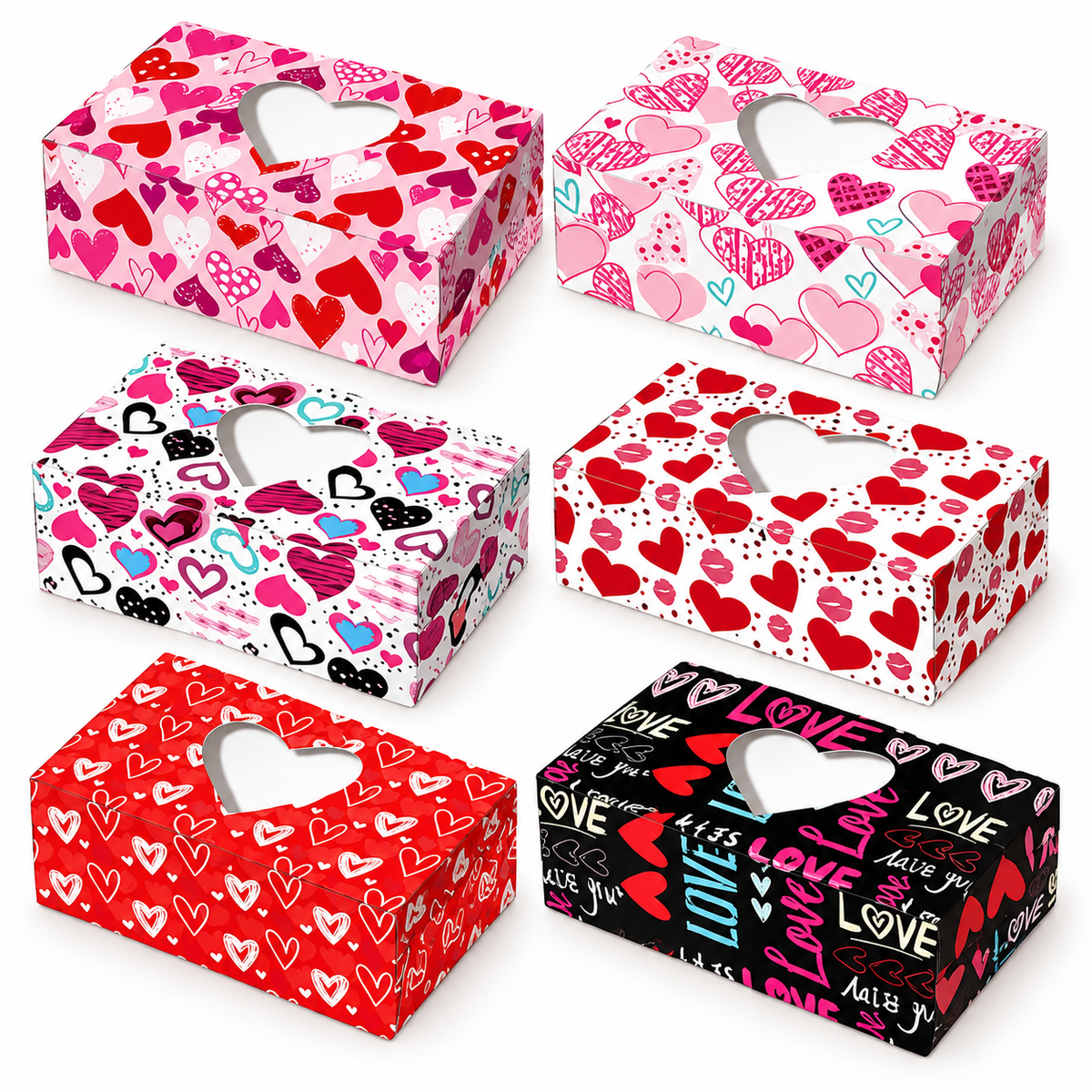 Valentine Heart Window Bakery Boxes – Assorted Designs (Set of 6)