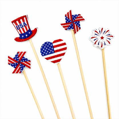 Patriotic Icon Party Picks | American Flag, Pinwheel Uncle Sam Toothpicks | 8 Count