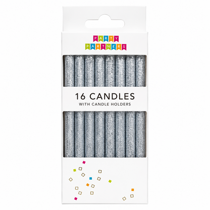 Tall Silver Glitter Birthday Candles Set of 16