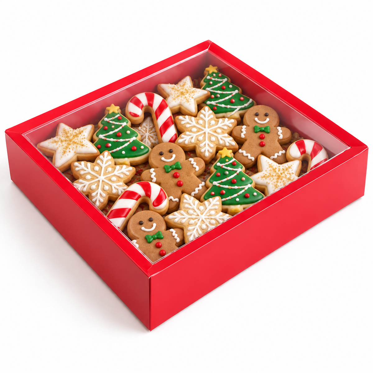 Red Christmas Cookie & Treat Gift Box with Clear Lid – 7 × 5 × 2 Inches