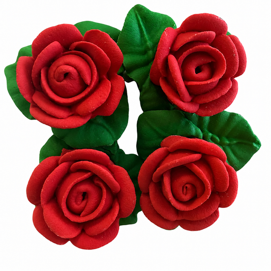 Red Rose Edible Cake Decorations with Leaves – 1" Sugar Flower Toppers, 4 Count