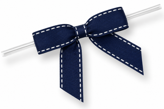 Navy Bow With White Stitching Twist Tie 2 1/2 Inch 10 Count