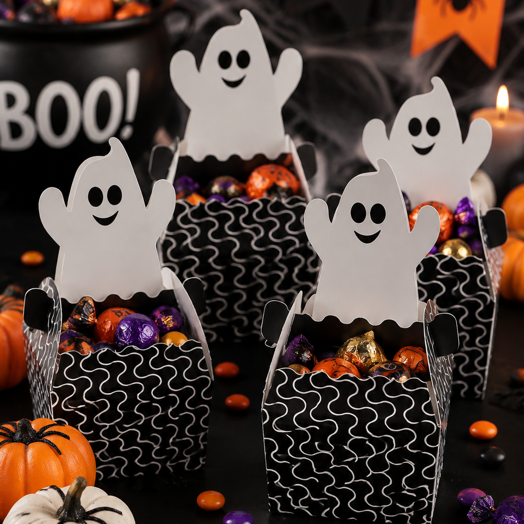 Black & White Ghost Halloween Candy Boxes – 4 Count