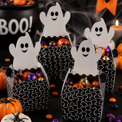 Black & White Ghost Halloween Candy Boxes – 4 Count