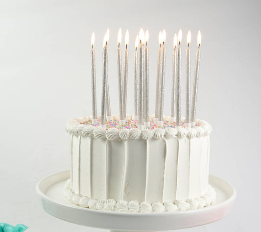 Tall Silver Glitter Birthday Candles Set of 16