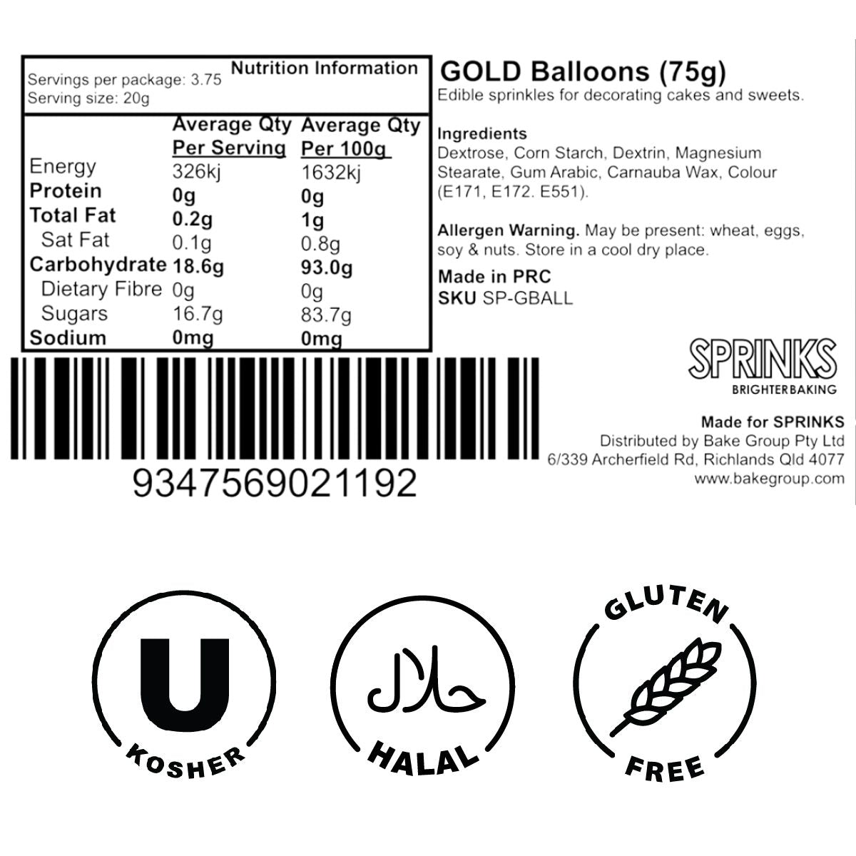 Sprinks Gold Balloons Confetti Sprinkles - 75g (2.6 oz)