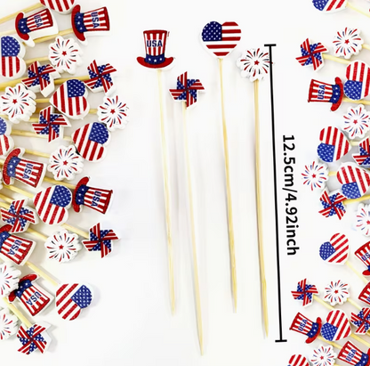 Patriotic Icon Party Picks | American Flag, Pinwheel Uncle Sam Toothpicks | 8 Count