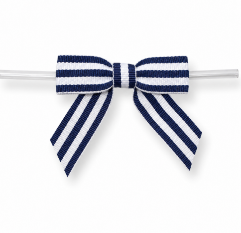 Navy & White Striped Bow With Twist Tie 2 1/2 Inch 10 Count