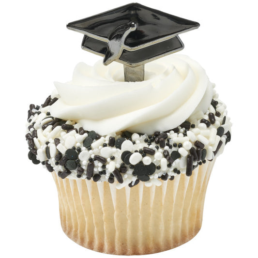 Graduation Black Metallic Cupcake Toppers 12 Count