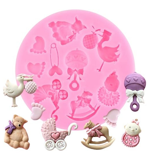 Baby Shower Fondant & Chocolate Mold – Teddy Bear, Stork, Rattle & Baby Carriage Set