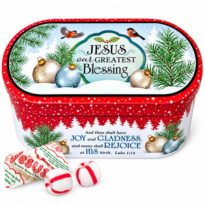 Jesus Our Greatest Blessing Christmas Tin, 4 oz Soft Peppermint Candy