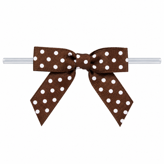 Brown & White Polka Dot Pre-Tied Bows with Twist Ties – 2.5 Inch, 10 Count