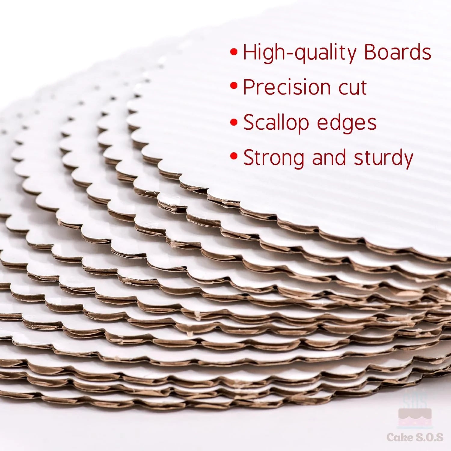 Stack of high-quality scalloped boards with red text highlighting features on a white background