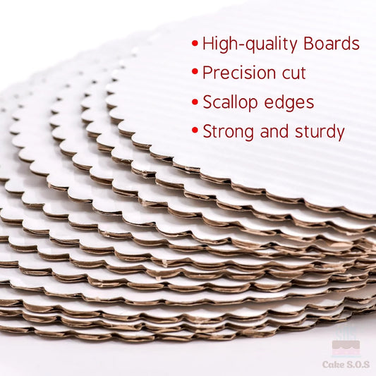 Stack of high-quality scalloped boards with red text highlighting features on a white background