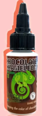 Bottle of chocolate colorant with a green logo on a pink background