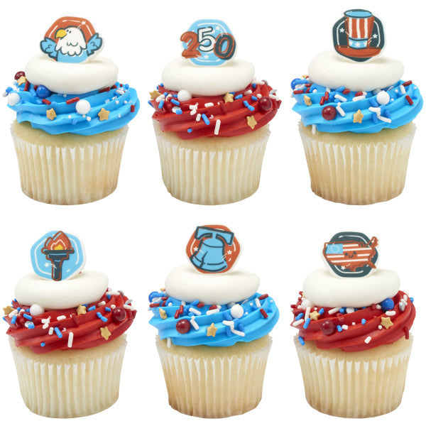 Patriotic Edible Sugar Decorations | Celebrate America Red, White & Blue Cupcake Toppers | 12 count *Red 3 Free*