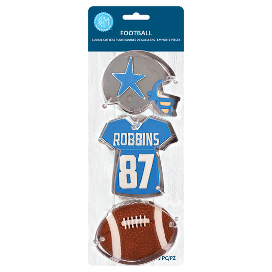 Packaged cookie cutters shaped like a football helmet, jersey, and football with 'Robbins' branding.