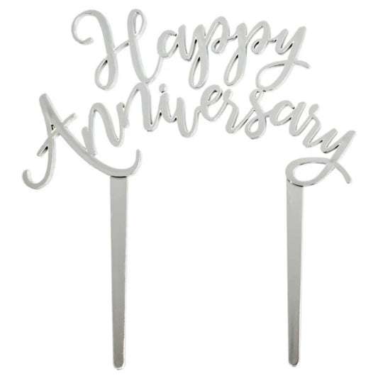 Silver 'Happy Anniversary' cake topper on a white background