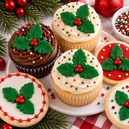 Holly & Berry Royal Icing Toppers – 1½ Inch, 10 Count