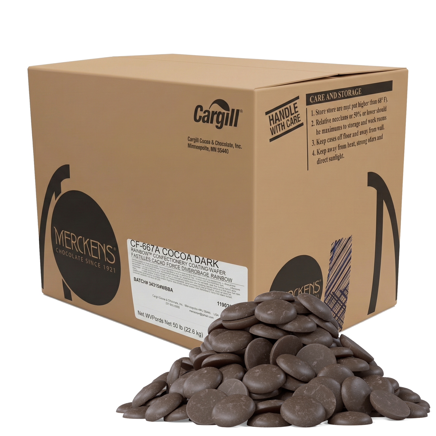 Merckens Dark Cocoa Chocolate Wafers 45lbs Bulk Case - 5 cartons