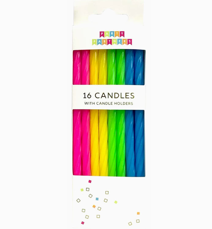 Neon Rainbow Birthday Candles with Holders (16 Count) | Birthday Cake Candles