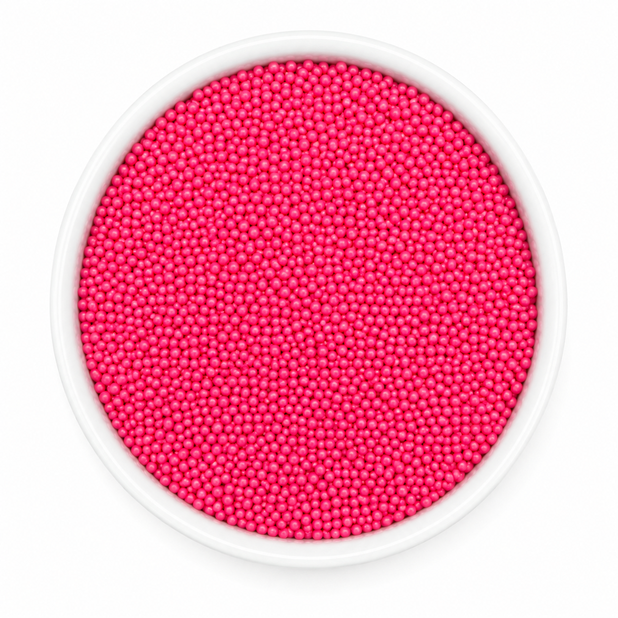 White container filled with bright pink beads on a white background