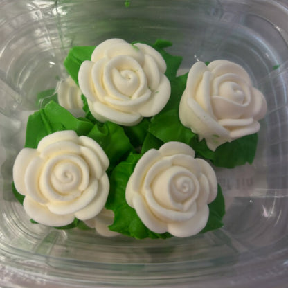 White Icing Roses with Leaves 1 Inch Edible Cake Decorations - 4 Count
