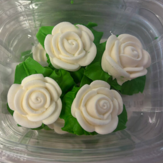 White Icing Roses with Leaves 1 Inch Edible Cake Decorations - 4 Count