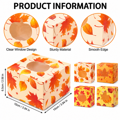 Fall Treat Boxes with Clear Windows – Pumpkin & Autumn Leaf Designs, 4 Pack