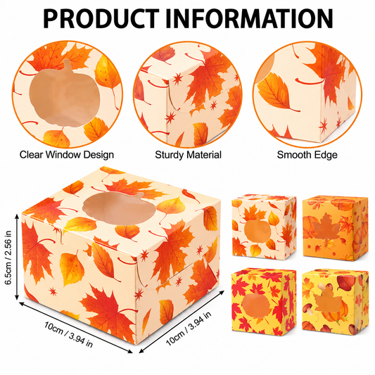 Fall Treat Boxes with Clear Windows – Pumpkin & Autumn Leaf Designs, 4 Pack