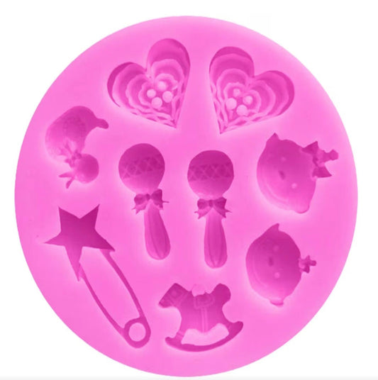 Baby Shower Fondant & Chocolate Mold – Teddy Bear, Stork, Rattle & Baby Icons