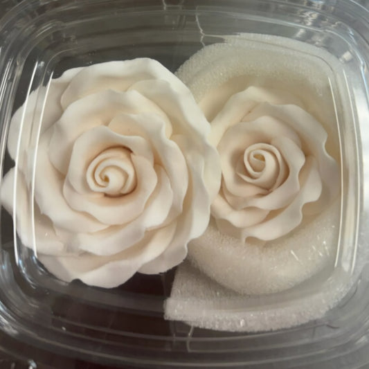 Large White Gum Paste Roses 2 Inch Edible Cake Decorations - 2 Count