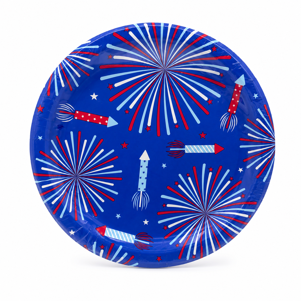 July 4th Round Dinner Plates in Red White & Blue Fireworks 9 in 12ct