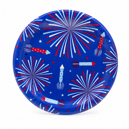 July 4th Round Dinner Plates in Red White & Blue Fireworks 9 in 12ct