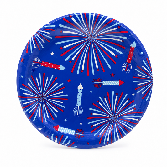 July 4th Round Dinner Plates in Red White & Blue Fireworks 9 in 12ct