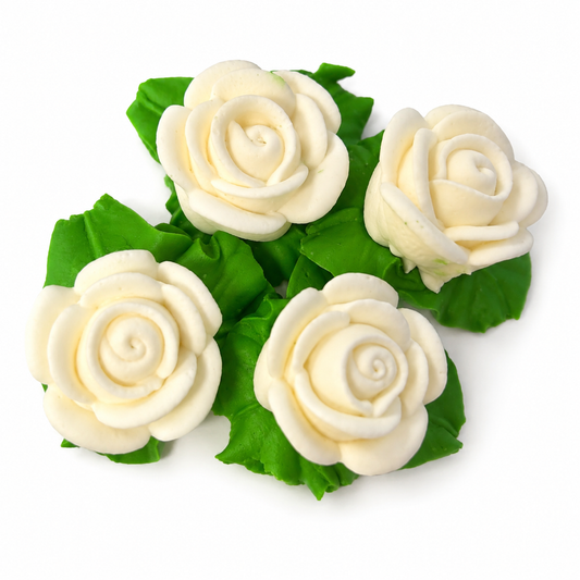 White Icing Roses with Leaves 1 Inch Edible Cake Decorations - 4 Count