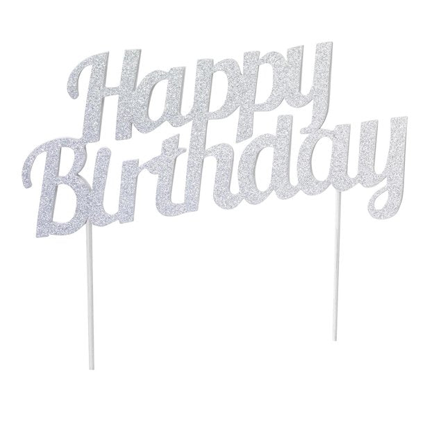 Happy Birthday Cake Topper Silver Glitter
