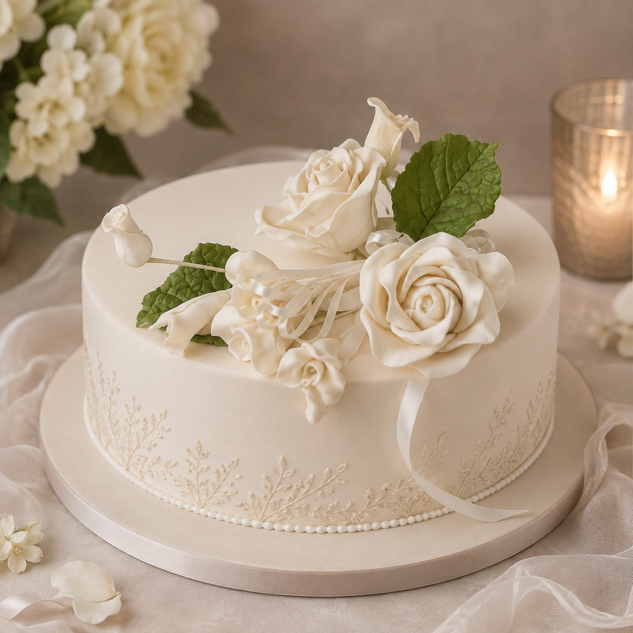 White Tea Rose Gum Paste Flower Spray - Edible Cake Decoration