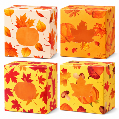 Fall Treat Boxes with Clear Windows – Pumpkin & Autumn Leaf Designs, 4 Pack