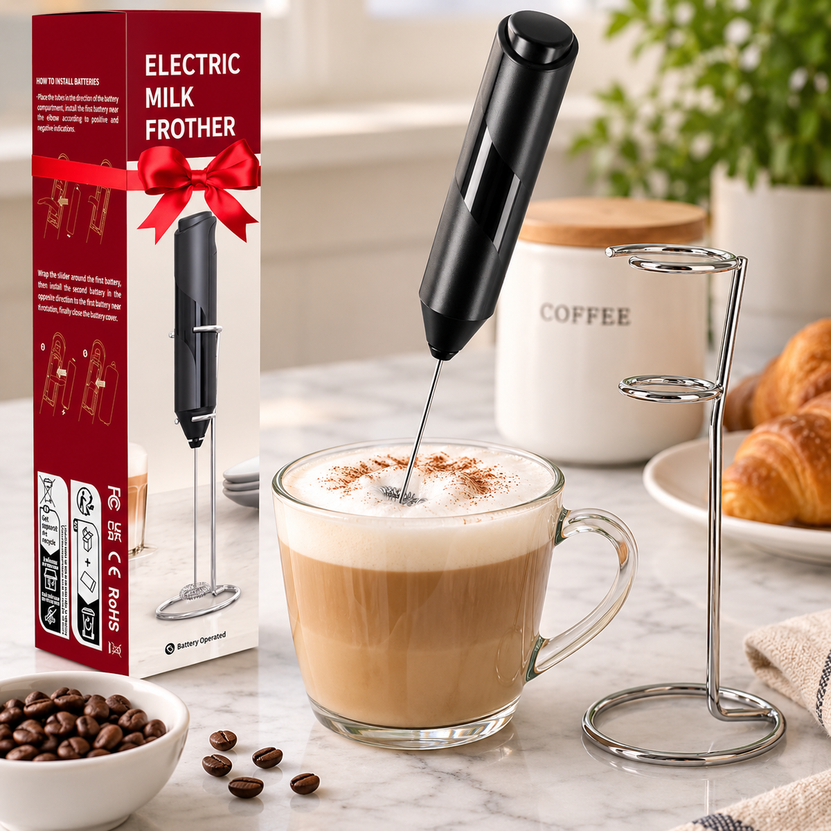 Electric Milk Frother with Stand – Handheld Coffee & Drink Frother